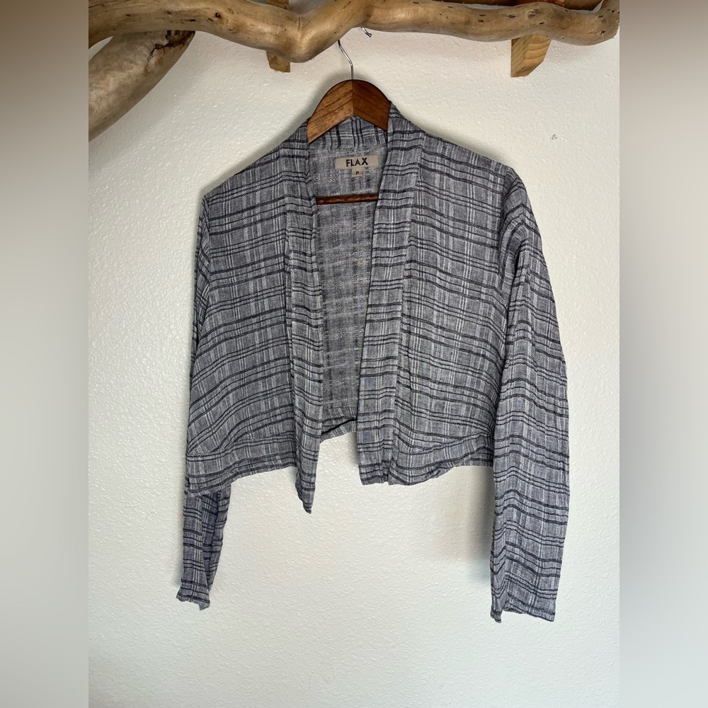 Flax Gray & Black Plaid Cropped Open-Front Linen Jacket